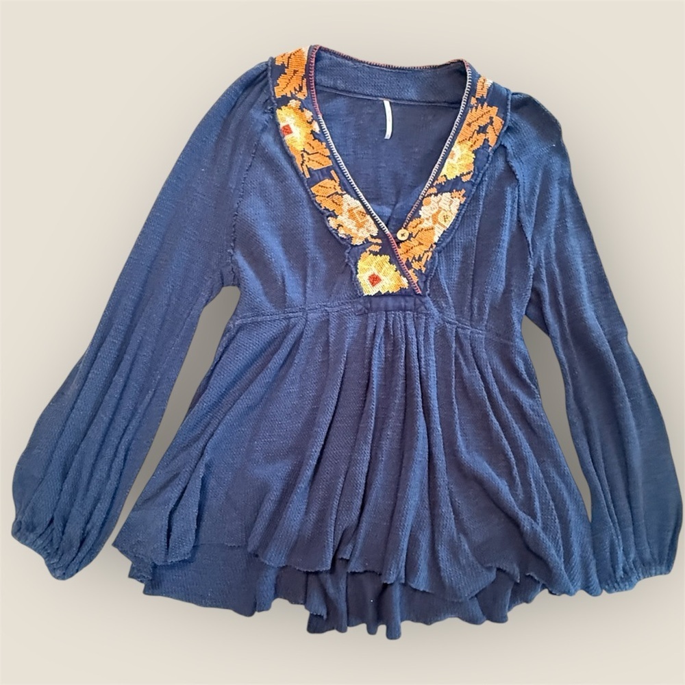 Free People Deep Blue Blouse with Orange Floral Detail